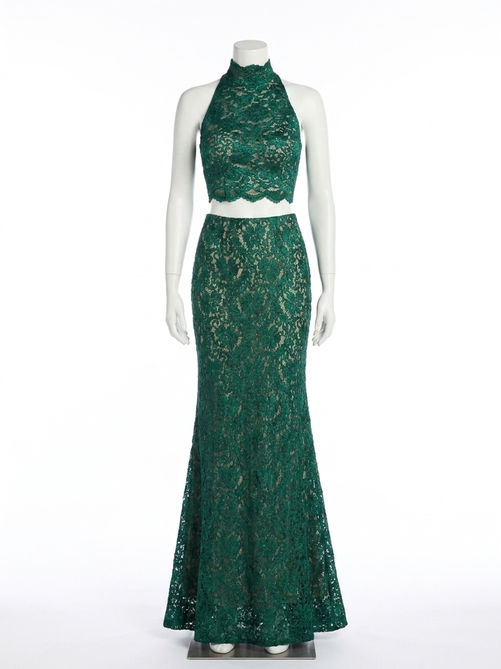 NEW MAC DUGGAL lace two-piece halter neck gown in emerald